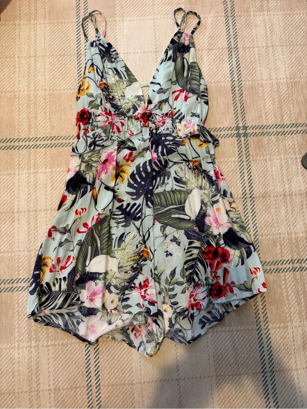 Sleeveless Tropical Floral Light Blue V-Neck Romper